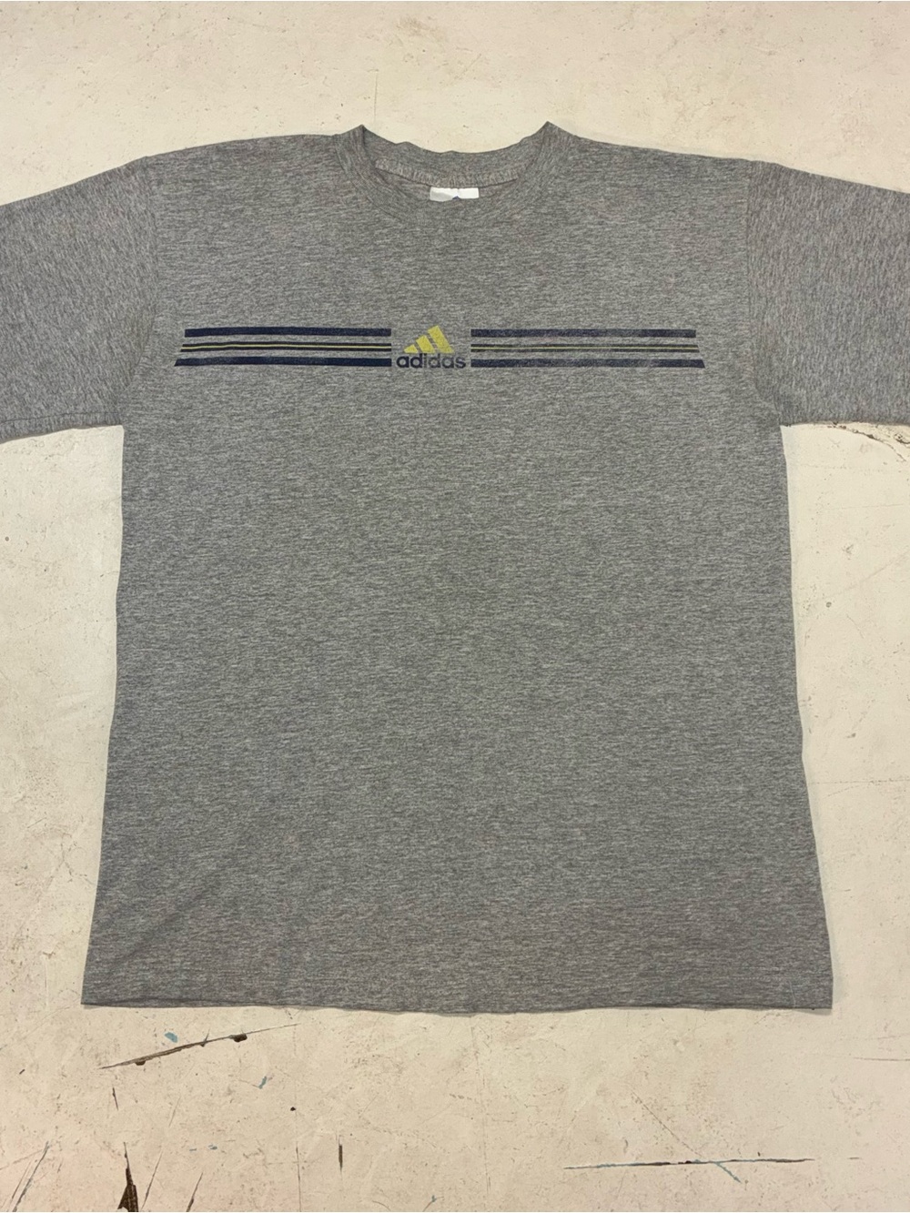 Vintage adidas Gray Short Sleeve Tee with Navy Stripes and Yellow Logo